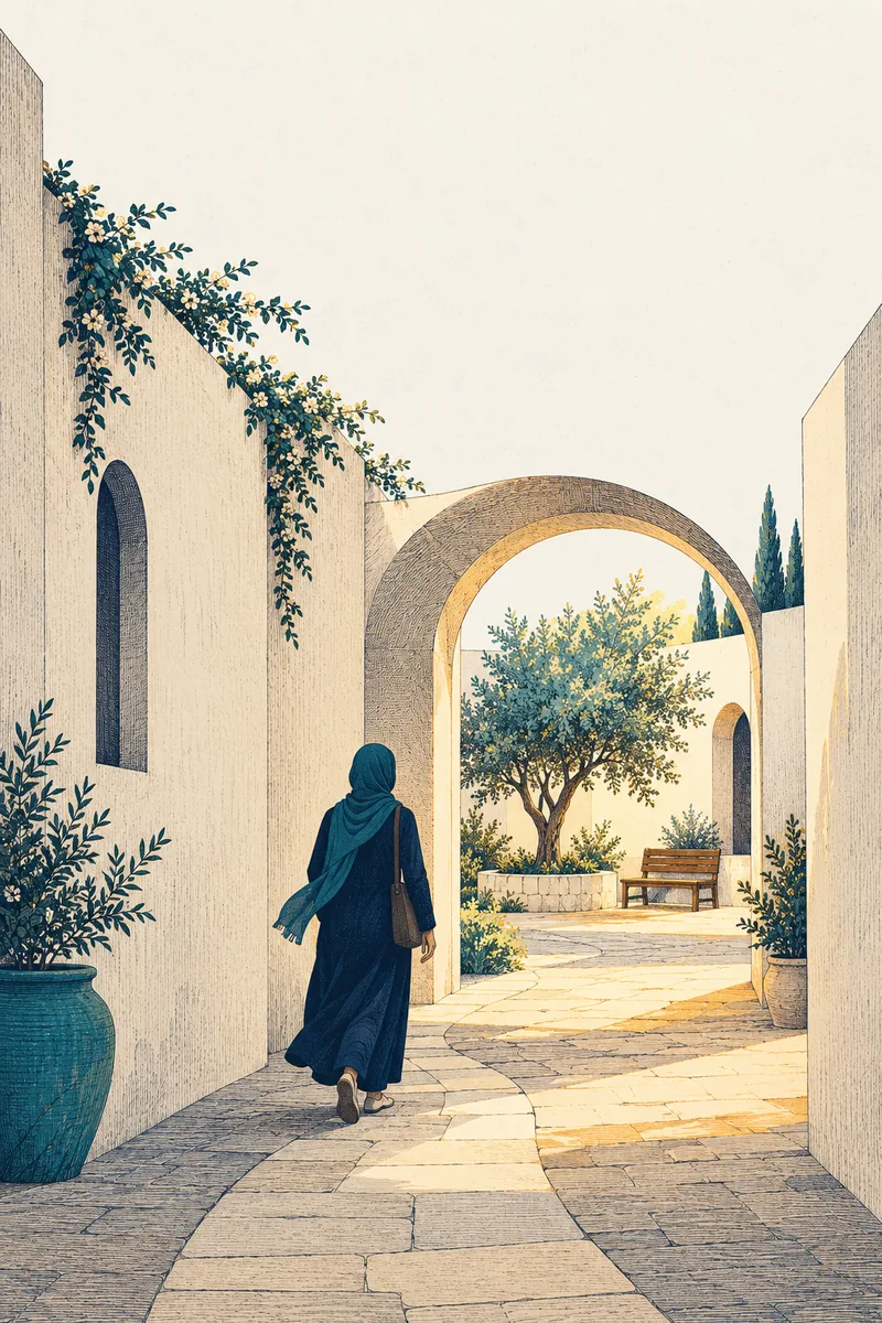 Une femme marche dans une ruelle de pierre vers une arche ouverte sur un jardin.