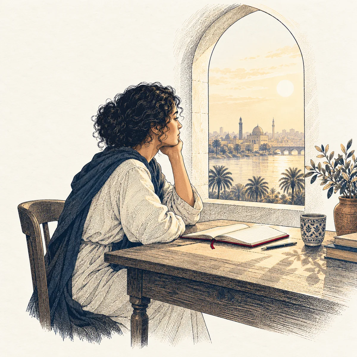 Une femme pensive à sa table, devant une fenêtre en arche ouverte sur la ville.